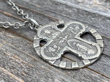 Sterling Silver 5-Way Cross Medal and Necklace, Antique Replica, Scapular, 4-Way, 4 Way, Catholic, Unisex, Sacred Heart, Miraculous Medal