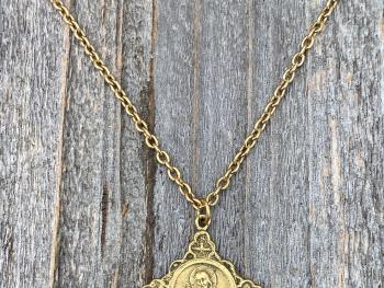 Antique Gold Sacred Heart of Jesus Pendant, Faith Hope & Love Symbols, Antique Replica, Medal Necklace, Holy Spirit Dove, Cross Anchor Heart