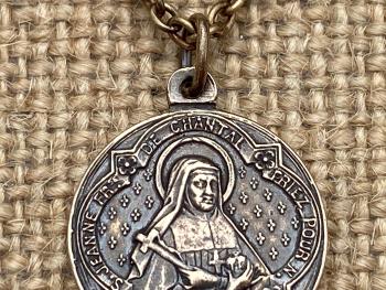 French Artists Penin Poncet, Reversible St. Francis de Sales and St. Jane de Chantal Solid Bronze Medal, Cable Chain, Antique Replica Saints