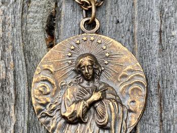 Bronze Rare Assumption of Mary Medal Pendant Necklace, French Antique Replica, Mary with Star Halo Pendant, Blessed Virgin Mary Necklace