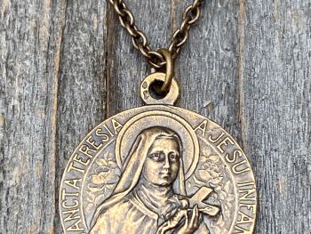 Bronze Rare St Thérèse of Lisieux Medal & Necklace, French Antique Replica, Sancta Teresia, St Theresa of the Child Jesus, The Little Flower