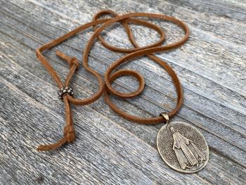 Bronze Miraculous Medal Pendant on Adjustable Length Suede Lace Necklace, French Antique Replica, Blessed Virgin Mary Medal, Slider Bead MM1