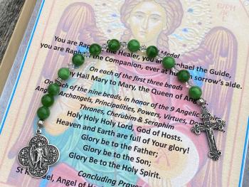 Sterling Silver St. Raphael the Archangel Chaplet with Green Maw Sit Sit Gemstones (Angel of Healing) Saint Illness, Patron Saint of Healing