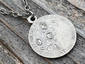 Sterling Silver Rare St Thérèse of Lisieux Medal Necklace, French Antique Replica Sancta Teresia St Theresa of the Child Jesus Little Flower