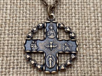 Bronze 5-Way Round Catholic Medal Necklace, Antique Replica, 4-Way Pendant, Cross, Miraculous Medal, Holy Spirit Dove, Heart Border, Unisex