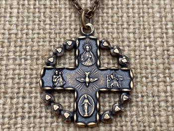 Bronze 5-Way Round Catholic Medal Necklace, Antique Replica, 4-Way Pendant, Cross, Miraculous Medal, Holy Spirit Dove, Heart Border, Unisex