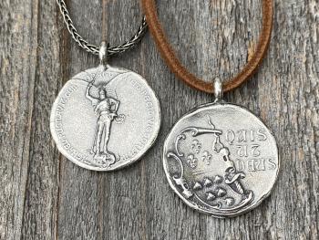 Sterling Silver Rare St Michael Latin Medal Necklace, Antique Replica, Saint Michael the Archangel, St Michel, Protection against the devil