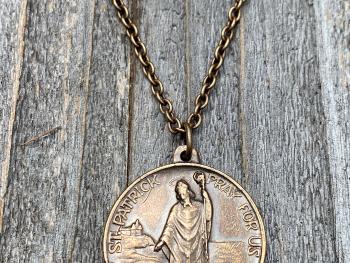 Bronze St Patrick Medal Pendant and Chain Necklace, Antique Replica, Saint Patrick, Irish Catholic Gift, Patron Saint of Engineers, Ireland