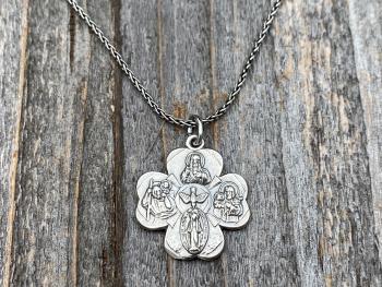 Sterling Silver Shamrock 4-Way Medal Pendant Necklace, Antique Replica, Miraculous Medal, Holy Spirit Dove, Sacred Heart of Jesus, St Joseph