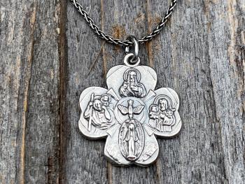 Sterling Silver Shamrock 4-Way Medal Pendant Necklace, Antique Replica, Miraculous Medal, Holy Spirit Dove, Sacred Heart of Jesus, St Joseph