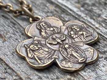 Bronze Shamrock 4-Way Medal Pendant Necklace, Antique Replica, Miraculous Medal, Holy Spirit Dove, Sacred Heart of Jesus, St Christopher