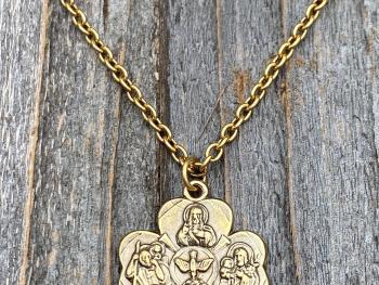 Antique Gold Shamrock 4-Way Medal Pendant Necklace, Antique Replica, Miraculous Medal, Holy Spirit Dove, Sacred Heart of Jesus, St Joseph