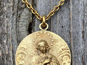 Antique Gold Rare Assumption of Mary Medal & Necklace, French Antique Replica, Mary with Star Halo, Gorgeous Depth, Cable Chain, France Gift