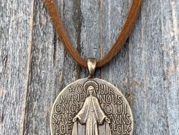 Bronze Miraculous Medal Pendant on Adjustable Length Suede Lace Necklace, French Antique Replica, Blessed Virgin Mary Medal, Slider Bead MM1