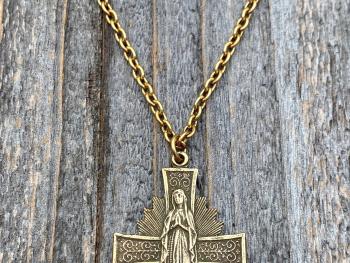 Antique Gold Radiant Mary Medal, Antique Replica, Pendant Necklace, Radiant Cross, Our Lady of Lourdes, Blessed Virgin Mary Pendant Necklace