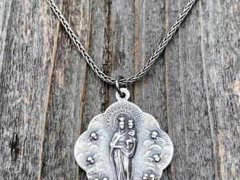 Sterling Silver Mary, Queen of Angels Pendant Necklace, Antique Replica, Our Lady Queen of Heaven, Blessed Virgin Mary Pendant and Necklace