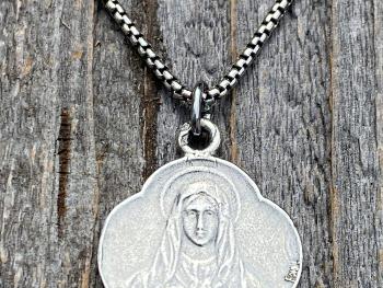 Sterling Silver Immaculate Heart of Mary, French Antique Replica, Medal Pendant & Necklace, Heart of Virgin Mary, Scalloped Rare Mary Medal