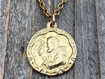 Gold Saint Padre Pio Antique Replica Medal Pendant Necklace, Saint Pius of Pietrelcina Charm, Stigmatized Priest, Pray Hope & Don't Worry