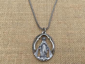 Sterling Silver Large Openwork Miraculous Medal Pendant Necklace, Antique Replica, Rare Unusual Antique, Our Lady of the Miracle Miracles