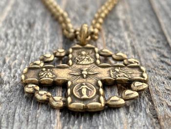 Antique Gold 5-Way Cross Medal, Antique Replica, Pendant Necklace, 4-Way Catholic Medal, Border of Hearts, Holy Spirit Dove Center, Unusual