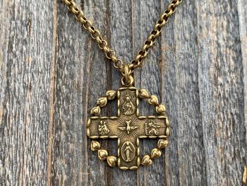 Antique Gold 5-Way Cross Medal, Antique Replica, Pendant Necklace, 4-Way Catholic Medal, Border of Hearts, Holy Spirit Dove Center, Unusual