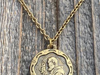 Antique Gold Saint Padre Pio Antique Replica Medal Pendant Necklace, Saint Pius of Pietrelcina, Stigmatized Priest, Healing, Stigmata, Rare