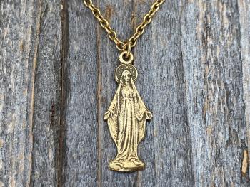 Antique Gold Figural Mary Miraculous Medal (Antique Replica) Pendant Necklace, Blessed Virgin Mary, Our Lady of Lourdes, Our Lady of Grace