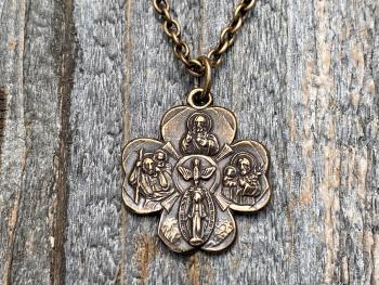 Bronze Shamrock 4-Way Medal Pendant Necklace, Antique Replica, Miraculous Medal, Holy Spirit Dove, Sacred Heart of Jesus, St Christopher