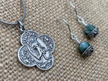 Sterling Silver St. Raphael Necklace & Seraphinite Earrings Set, Saint Raphael the Archangel Medal, Angel of Healing, Antique Replicas, .925