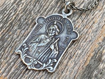 Sterling Silver Rare St Jude Thaddeus Medal Pendant Necklace, Antique Replica, Patron Saint of Desperate Causes, Patron Saint of Hope, Help