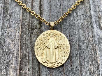 Gold Big French Miraculous Medal, Antique Replica, Pendant Necklace, O Mary Conceived Without Sin Pray for Us Who Have Recourse to Thee, MM1