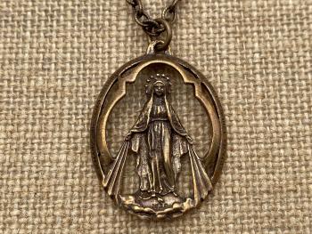 Bronze Large Openwork Miraculous Medal Pendant Necklace, Antique Replica, Rare unusual Antique, Blessed Virgin Mary, Mother Mary, Our Lady