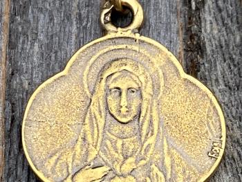 Antique Gold Immaculate Heart of Mary, French Antique Replica, Medal Pendant & Necklace, Heart of Virgin Mary, Scalloped Rare Mary Medal