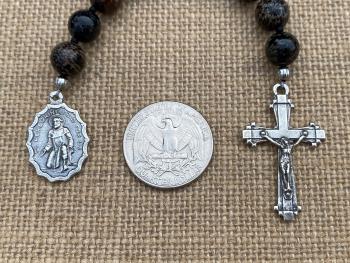 Chaplet of St Saint Peregrine, Sterling Silver Antique Replica Medal and Crucifix, Fossil Coral Gemstones, Patron Saint of Cancer Patients