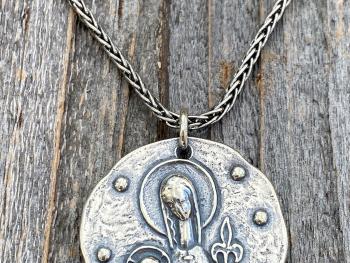 Sterling Silver Large Mary and Baby Jesus Fleur de Lis Pendant, Antique Replica French Medal, Sterling Silver Wheat Chain, Elie Pellegrin