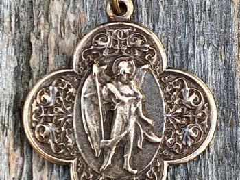 Bronze St Raphael the Archangel, Angel of Healing, Antique Replica Medal and Necklace, Preserve Us From Ill Health And All Danger To Life