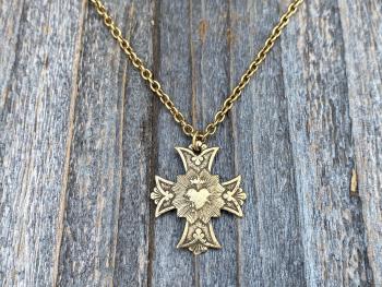 Antique Gold Sacred Heart Cross Pendant and Necklace, Antique Replica, Sacred Heart of Jesus, Bestseller, Devotion to His Sacred Heart