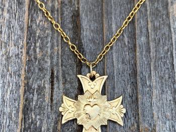 Gold Most Sacred Heart of Jesus Cross Medal Pendant Necklace, Antique Replica, Sacred Heart Devotion, Consecration to the Sacred Heart, Gift