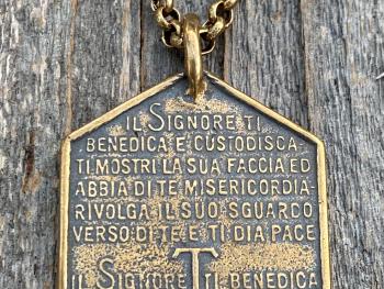 Large Bronze Saint Francis of Assisi Blessing Prayer Medal, Italian Antique Replica, Pendant Necklace, Hexagon-Shaped Big Medal from Italy