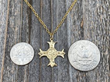 Gold Sacred Heart of Jesus Cross Medal Pendant Necklace, French Antique Replica, IHS Sacre Coeur de Jesus, Apostolat du Coeur de Jesus,