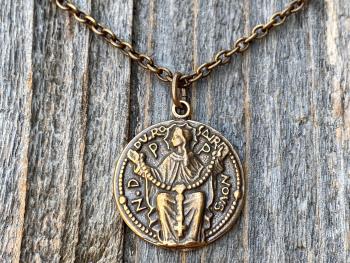 Bronze Notre Dame du Rosaire, Our Lady of the Rosary Pray for Us, Antique Replica, Medal Pendant Necklace, French Art Nouveau Marian Medal