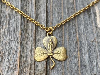 Antique Gold Mary Shamrock Pendant (Antique Replica from Lourdes France) Medal Necklace, Our Lady of Lourdes on Shamrock Pendant, Irish Gift