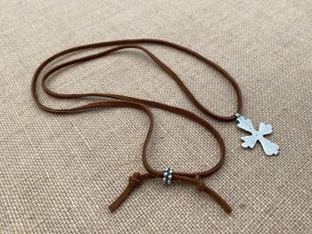 Oxidized Sterling Silver Coptic Cross Pendant on Brown Suede Lace Necklace, Adjustable Length, Slider Bead, Ethiopian Antique Replica Cross