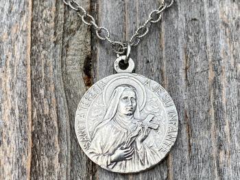 Sterling Silver Rare St Thérèse of Lisieux Medal Necklace, French Antique Replica Sancta Teresia St Theresa of the Child Jesus Little Flower