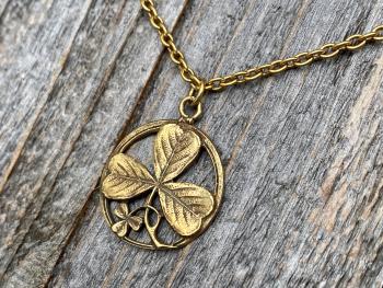 Antique Gold St. Patrick Shamrock Pendant Medal Necklace, Antique Replica, Saint Patrick Shamrock, St Patrick Doctrine of Trinity, Ireland