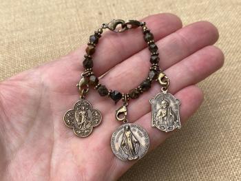 Bronzite Gemstone Loop with Lobster Clasps to Attach Bronze Medals, Crosses and Crucifixes, Keychain for Medals, Prayer Organizer for Medals