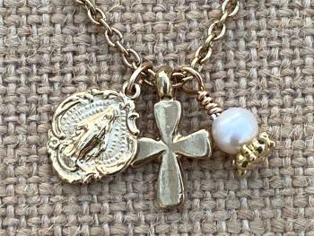 Gold Miraculous Medal Charm Cluster Pendant Necklace, Antique Replica, Dangling Cross, White Freshwater Pearl, Boho Miraculous Necklace MM3