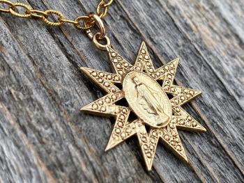 Gold Sun Shaped Miraculous Medal Pendant on Necklace, Art Nouveau Antique Replica, Our Lady of Miracles, Our Lady of the Miracle Necklace