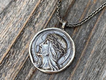 Sterling Silver Crowned Jesus Medal Pendant Necklace, French Antique Replica, Artists Augis and Mazzoni, Jesus Christ Pendant from France