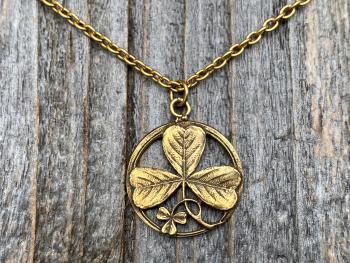 Antique Gold St. Patrick Shamrock Pendant Medal Necklace, Antique Replica, Saint Patrick Shamrock, St Patrick Doctrine of Trinity, Ireland